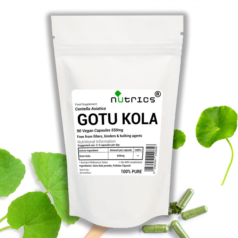 NutricsÂ® 550mg (per Capsule) GOTU KOLA 90 V Capsules Centella asiatica Indian Pennywort - 100% Pure - No fillers, Binders & Bulking Agents (90 V Capsules)